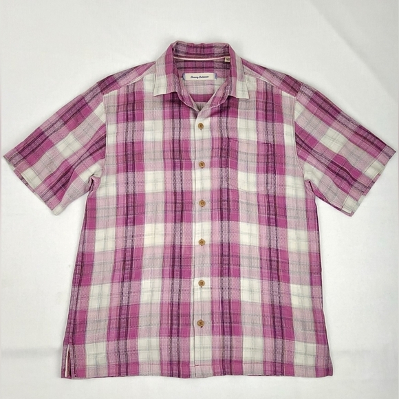 Tommy Bahama Pink Plaid 100% Silk Button Down Pocket Shirt. - Picture 1 of 4